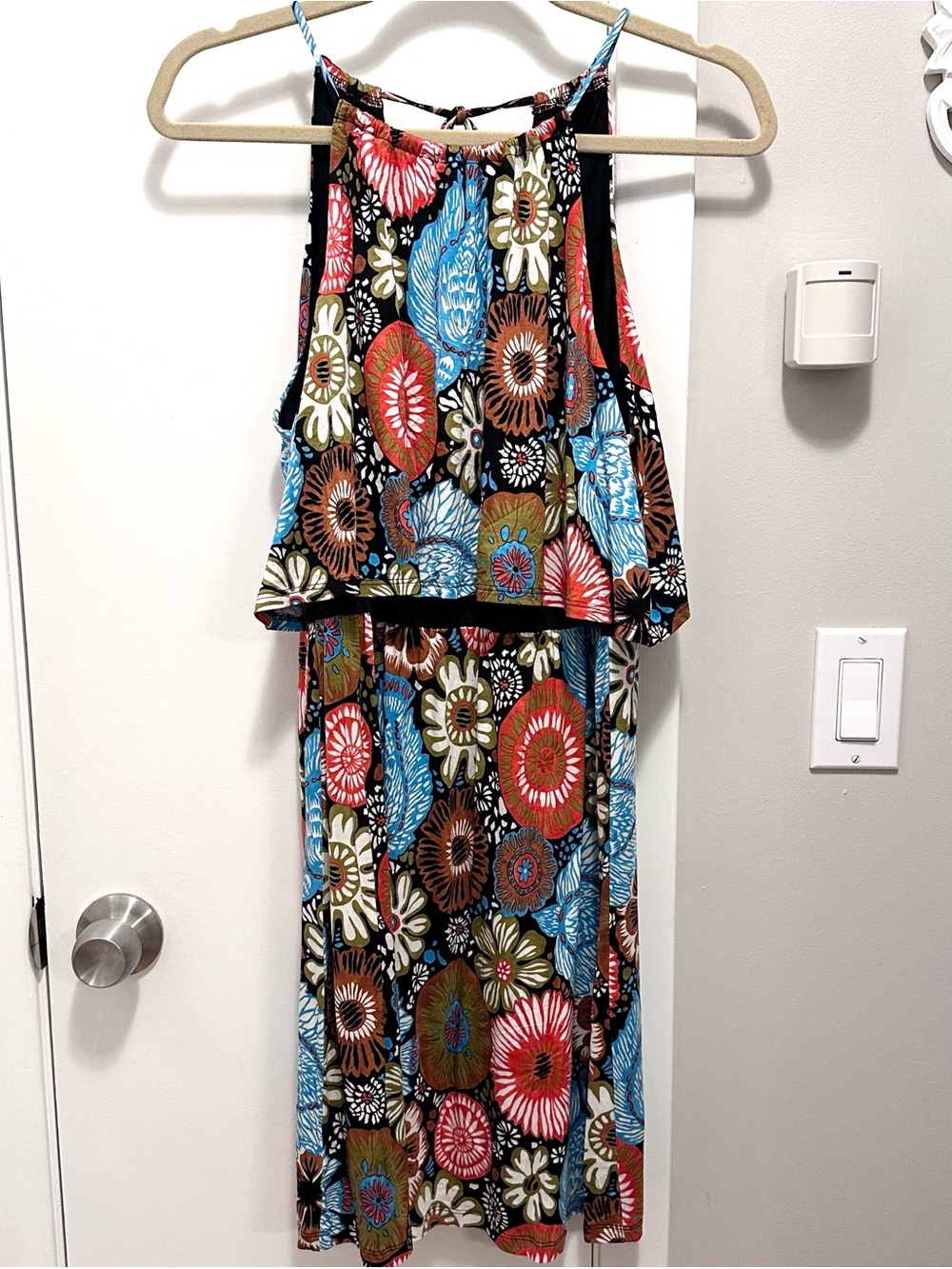 Loft Beach Retro Multicolor Print Summer Mini Dress S Sleeveless brown blue red